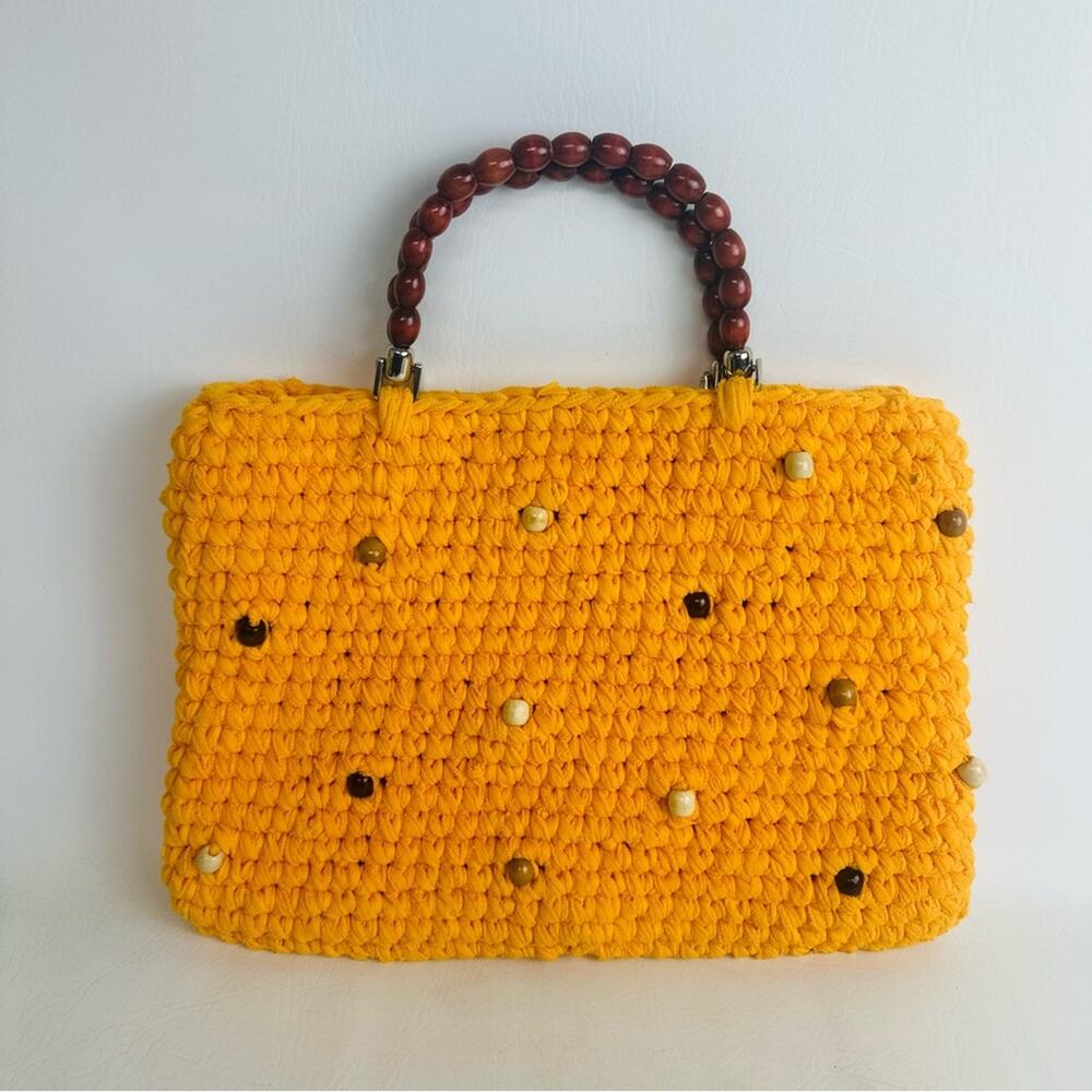 Woven Crochet Beads Handbag Thick Knit Purse Beaded‎ Wooden Double Handles Boho